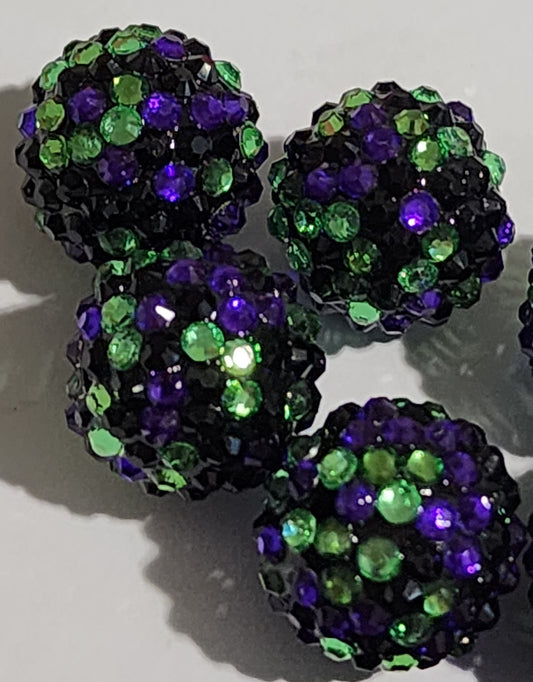 Rhinestone purple ,green & black 20mm bubble gum beads