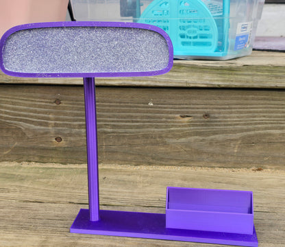 A full-size mirror with a business card holder; a business name can be added to the front of the holder for display.