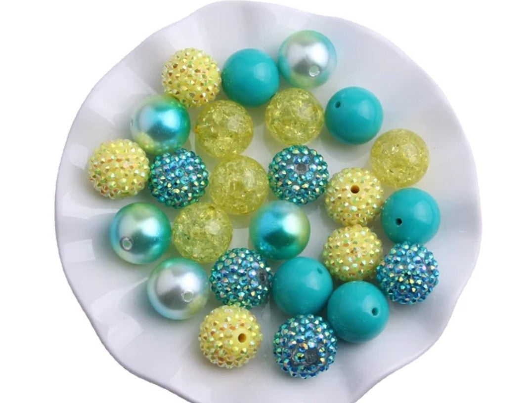 yellow and teal mix  20 mm bubble gum beads ( 10)